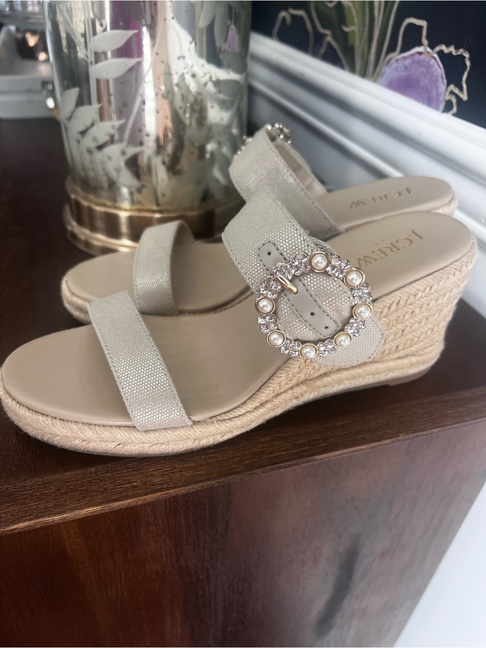 J. Crew Cream Espadrille Wedge Sandals with Jeweled Pearl Buckle